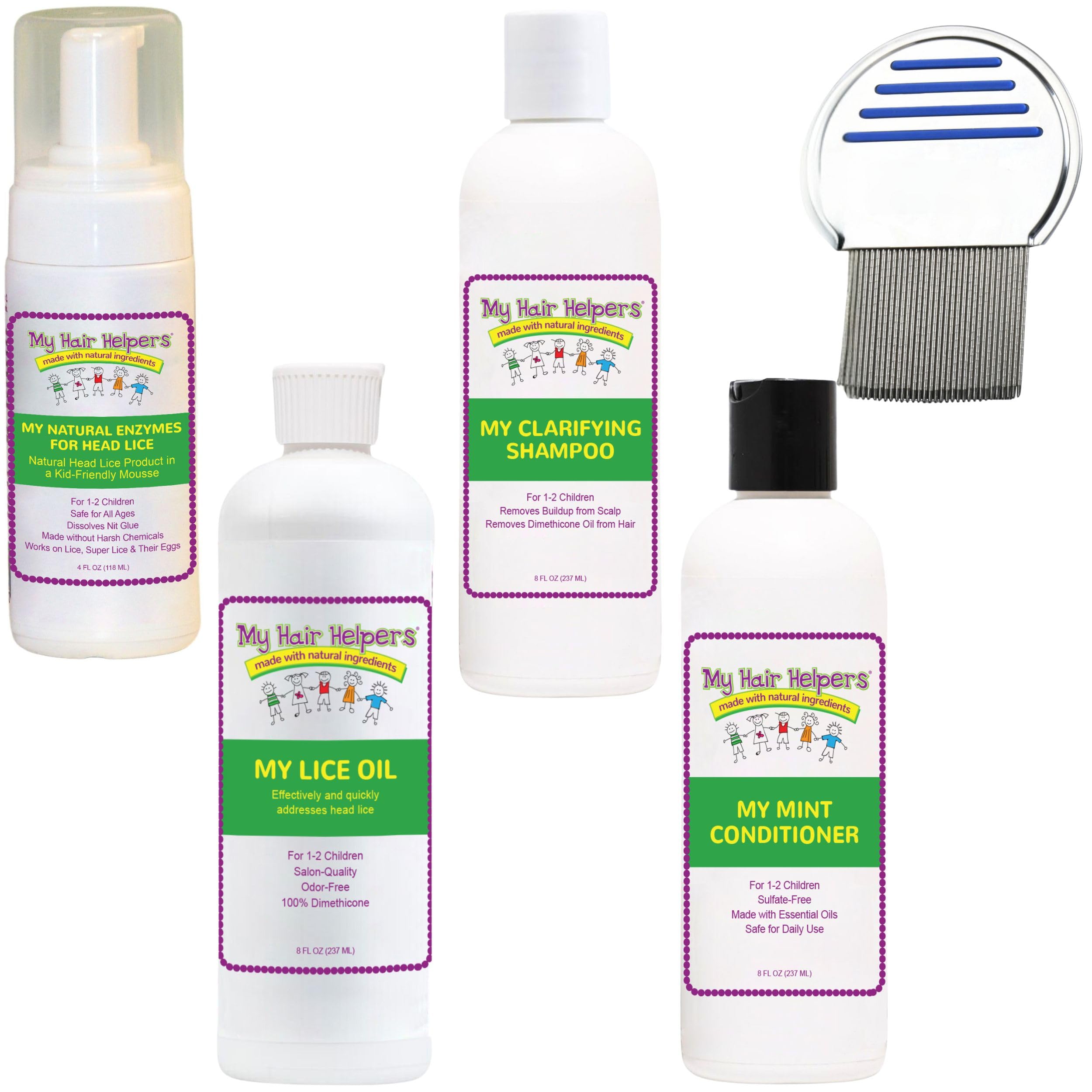 My Hair Helpers Complete Family Head Lice Treatment Kit includes Nit Comb, Works for 2-4 Kids