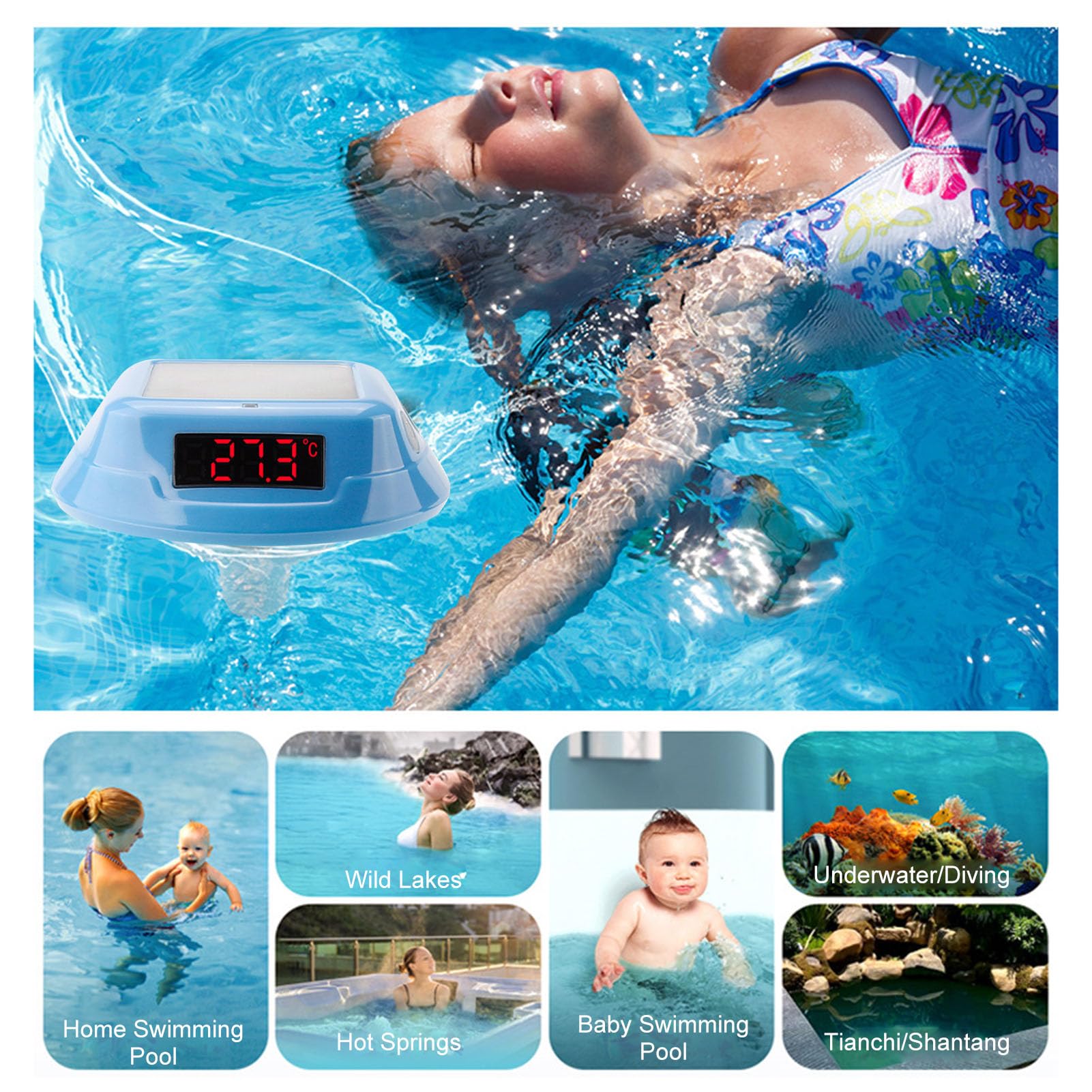Walmeck Termometro Piscina Doppia Ricarica del Cavo Solare Display Display Blocco Bambino IP68 Waterproof [Swimming Pool Spa] (Cielo blu)
