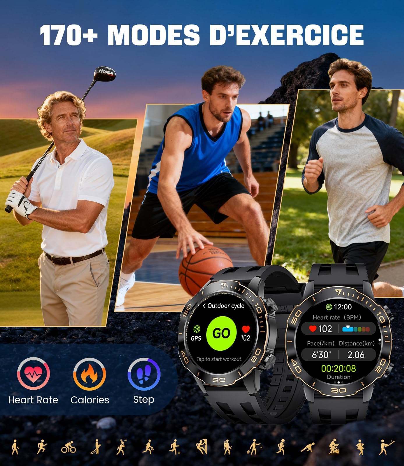 Montre Connectée Homme Militaire, Appel Bluetooth Smartwatch avec 1.43"AMOLED Écran/800 Batterie, 170+Modes Sportifs, IP68 Étanche Fréquence Cardiaque/Suivi du Sommeil pour Android iOS, Noir