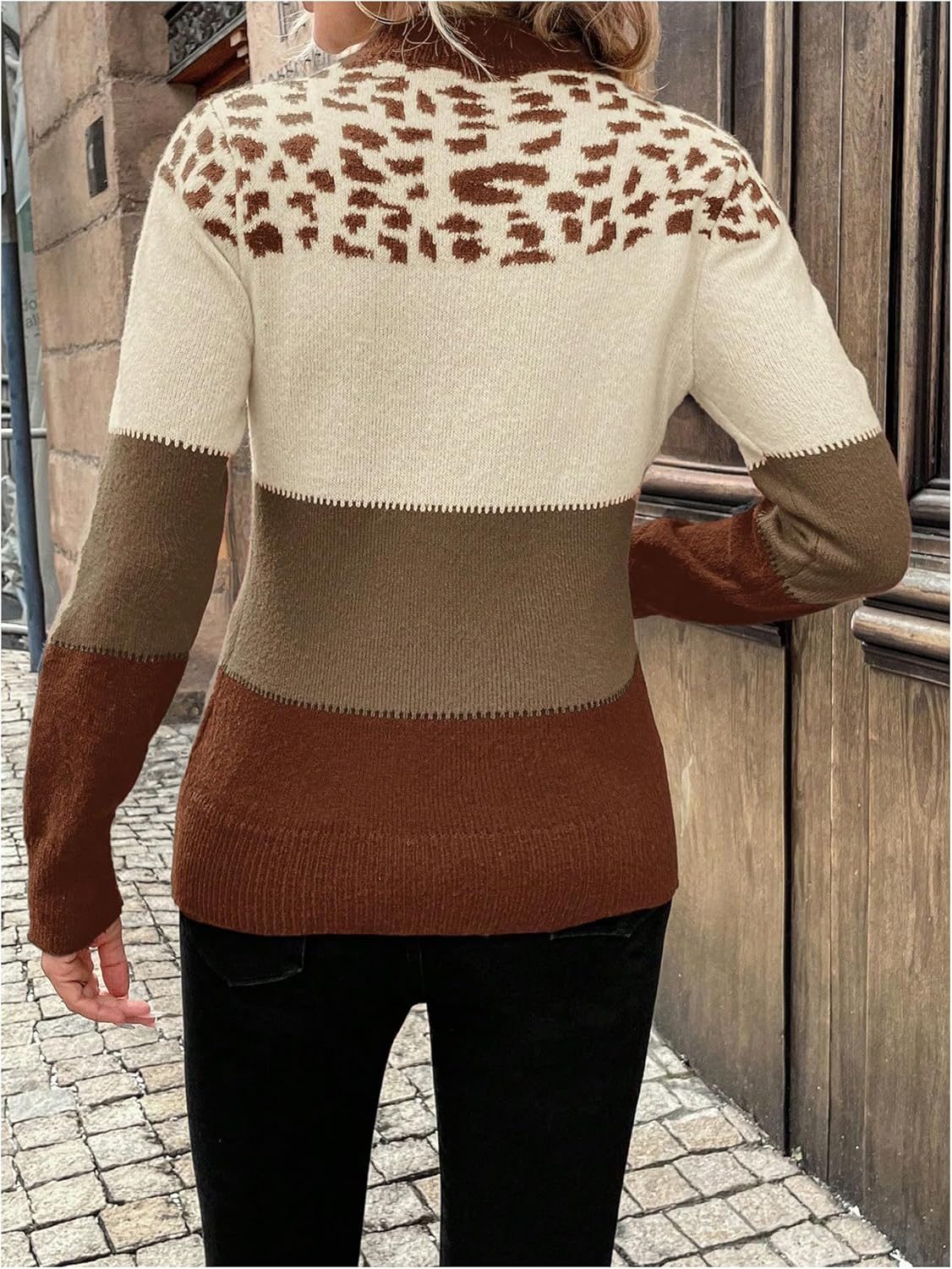 Floerns Women's Leopard Color Block Fall Sweaters Long Sleeve Crew Neck Knit Lightweight Pullover Jumper - Image 3
