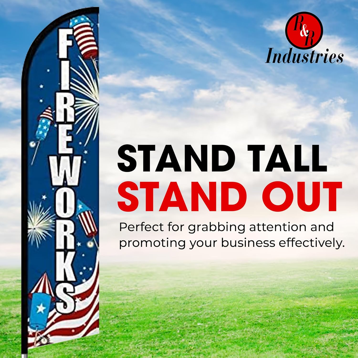 Fireworks USA Flags – Pack of 3 | 3 ft x 11.5 ft Outdoor Advertising Banner Flags for Business | Weatherproof Polyester (With Complete Hybrid Pole Set)