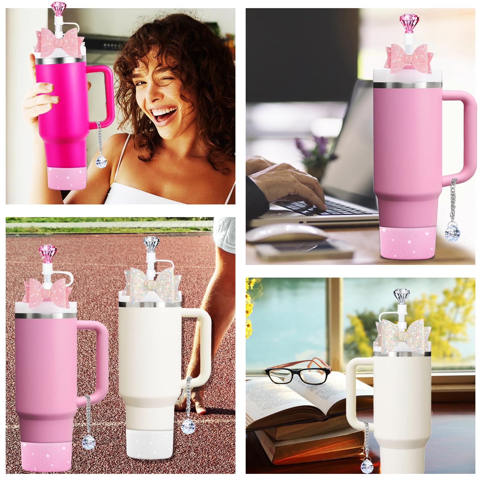 8Pcs Diamond Stanley Cup Accessories Glitter Straw Topper Silicone Boot Bow Tie Crystal Handle Charms for Stanley Cup 30&40 Oz Pink Tumbler Cup Water Bottle Accessories Set Reusable Straw Cover Cap