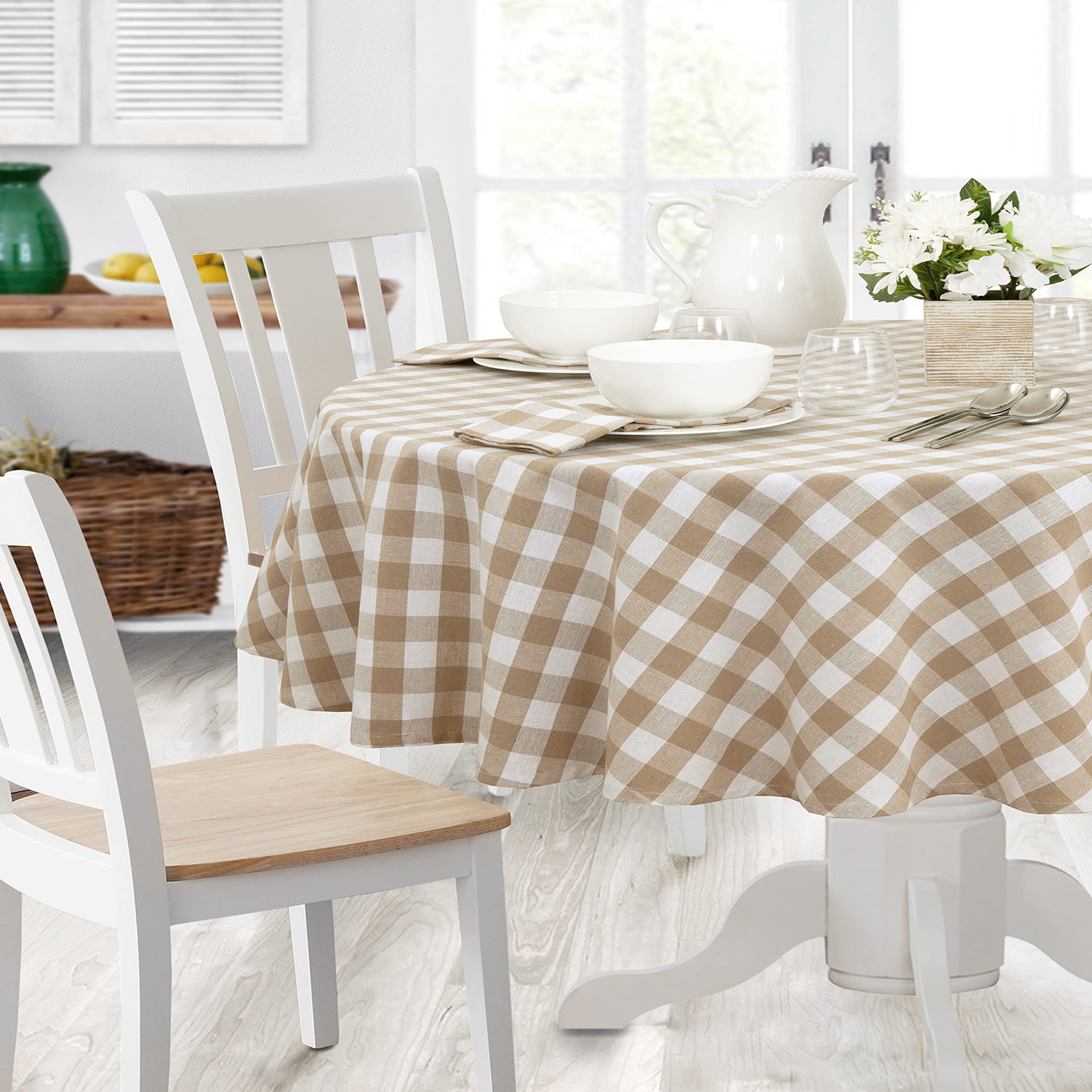 Home Bargains Plus Country Rustic Buffalo Plaid Cotton Fabric Tablecloth, Checkered Cottage Gingham Easy Care Tablecloth, 60” x 84” Oval, Sand