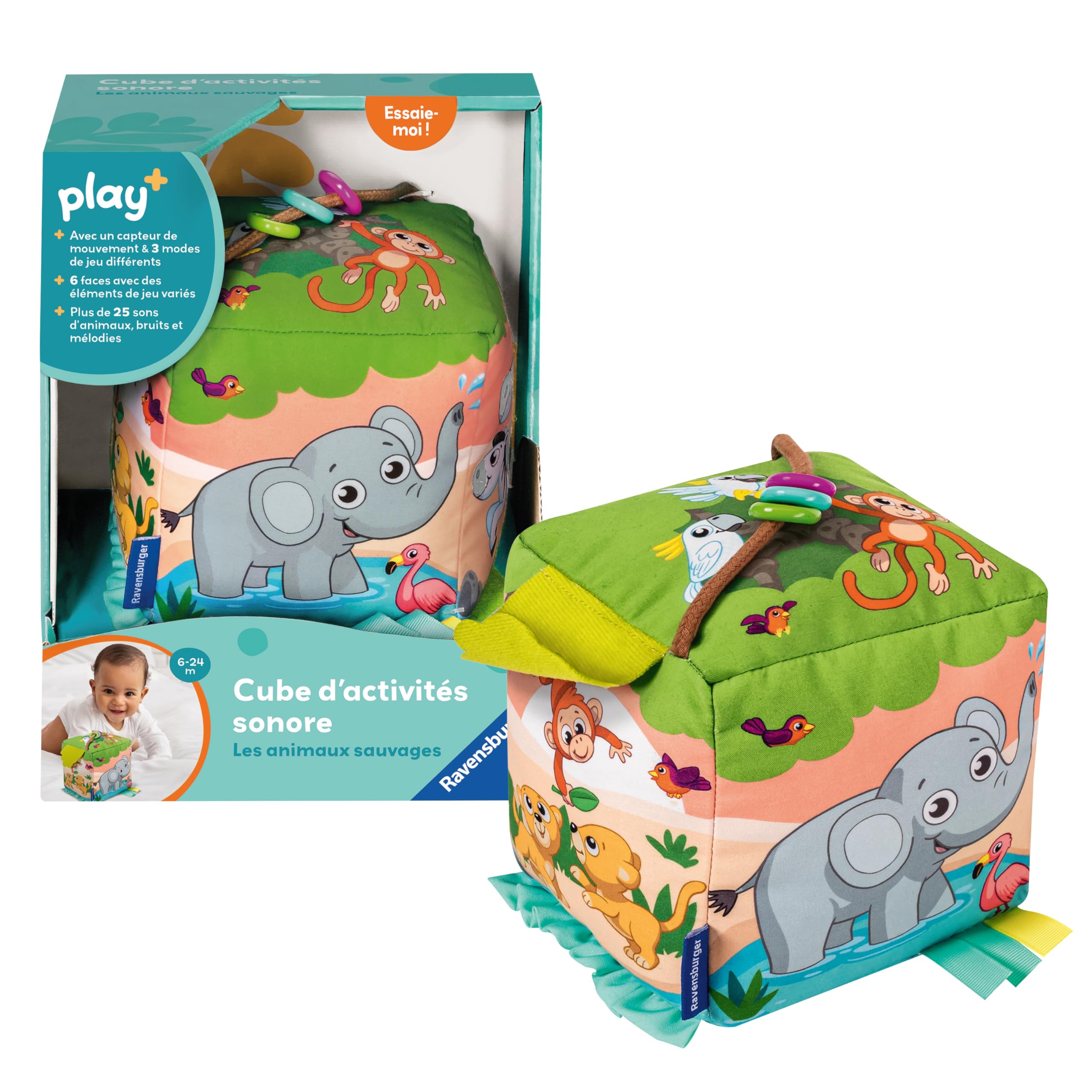 Ravensburger Play+ - Cube d'Activité Bébé Sonore Animaux Sauvages 6 Mois - Cube Activité Bébé Éveil Musical Sensoriel - 3400