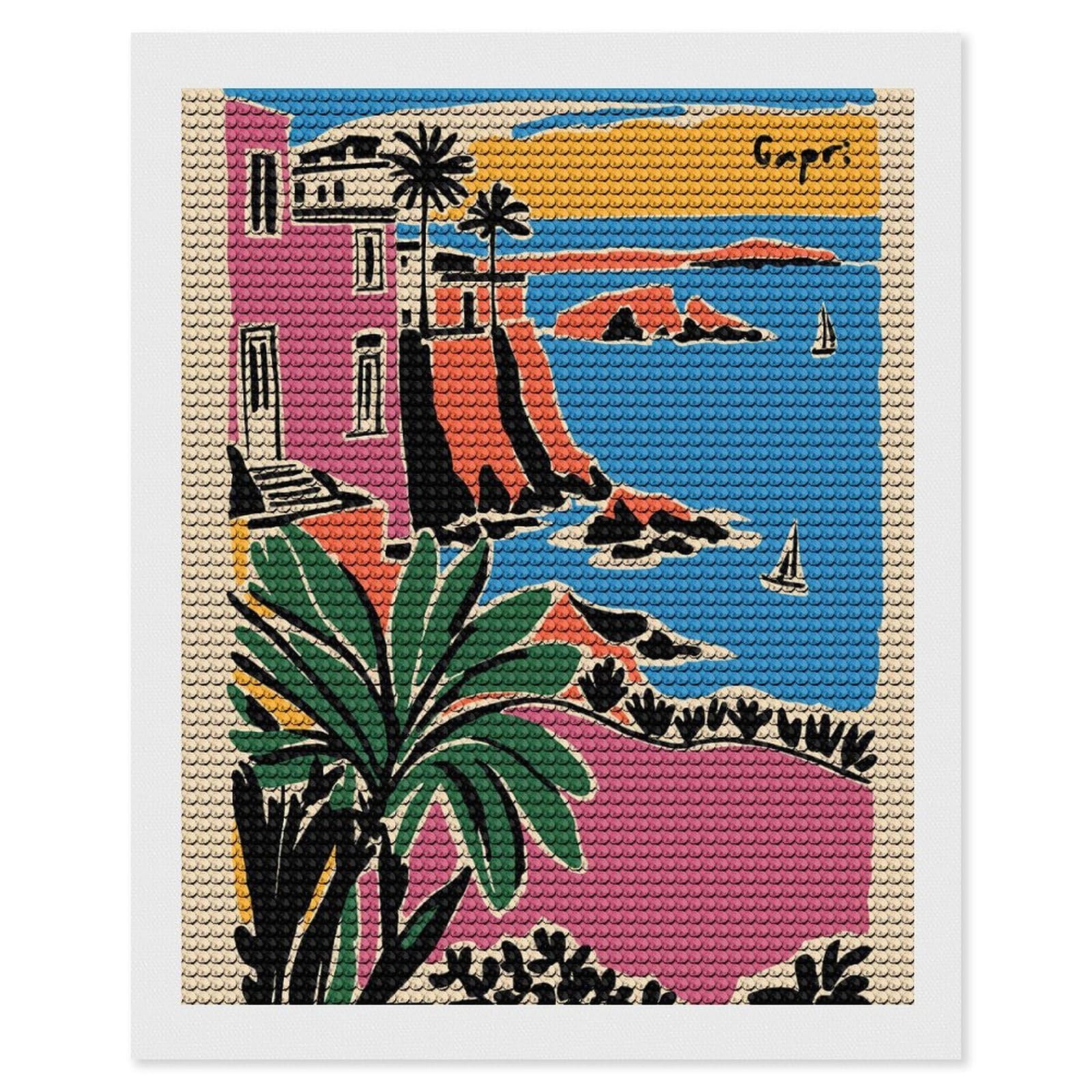 Junmoney Capri Coastline Illustration Diamond Painting Kit 16"x20", Festive Craft Gift, Bedroom Decor, Full Kit Included, Creative Gift Idea