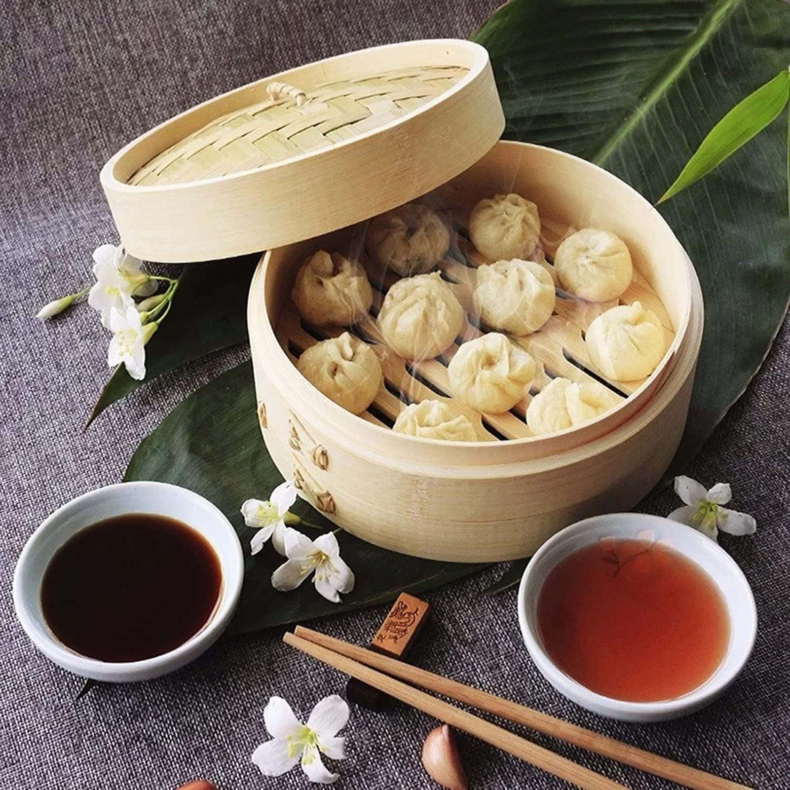 Bambus-Dämpfkorb mit Deckel, Kochutensilien, Knödeldampfer, ideal für Dim Sum, Hähnchen, Fisch, Gemüse – Dampfkorb