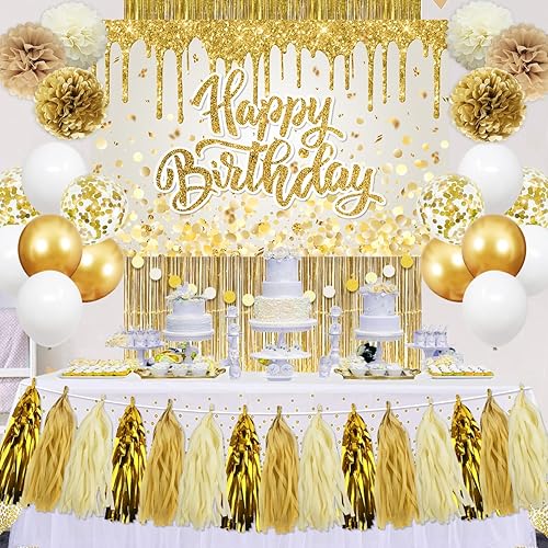 Juego de decoraciones doradas para fiesta de cumpleaños para mujeres y niñas, pancarta de feliz cumpleaños, telón de fondo, globos blancos, cortinas
