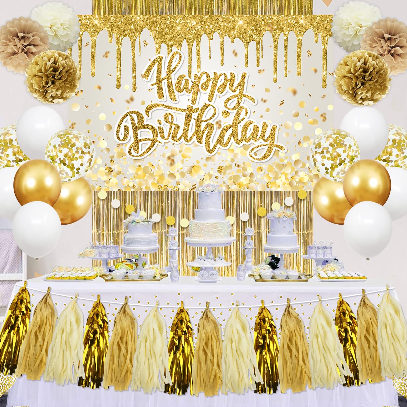 Gold Birthday Party Decorations Set for Women Girls - Happy Birthday Banner, Backdrop, White Balloons, Tassel Curtains, Dot Tablecloth - Party
