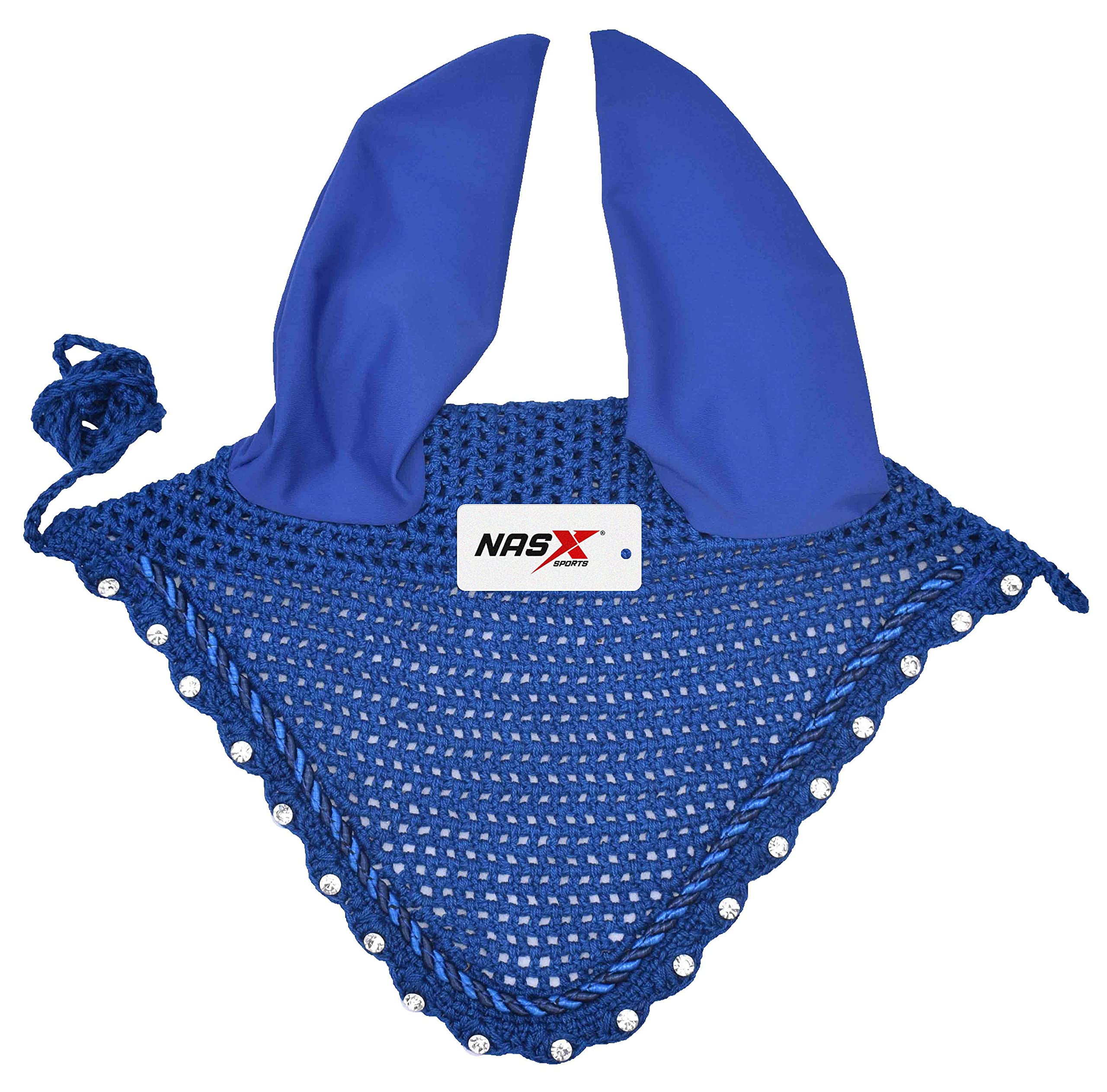 Diamante Crystal Horse Fly Hood Veil Ear Bonnet Flyveil Cotton Crochet Handmade Glitter (COB, Royal Blue)