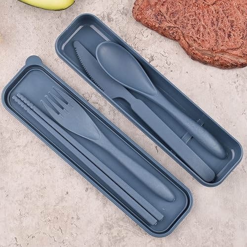 Miniatura 2 de Utensilios de viaje con estuche, juego de cubiertos portátiles de paja de trigo, cuchara, cuchillo, tenedor, palillos, utensilios reutilizables para
