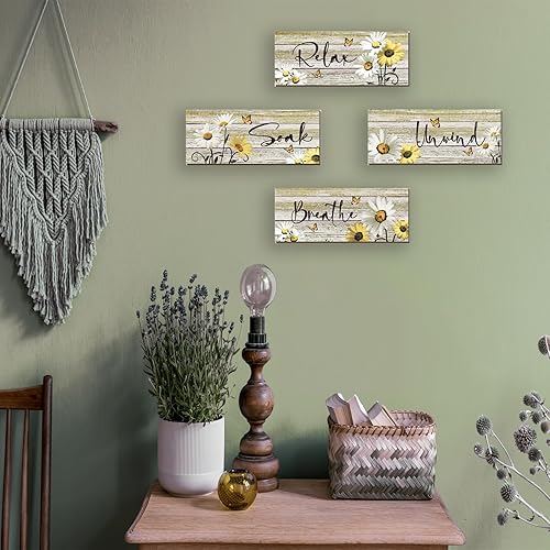 Miniatura 2 de ZINYAZHE 4 piezas de decoración de pared de baño amarillas de margaritas amarillas y mariposas amarillas, arte de pared amarillo para relajarse,