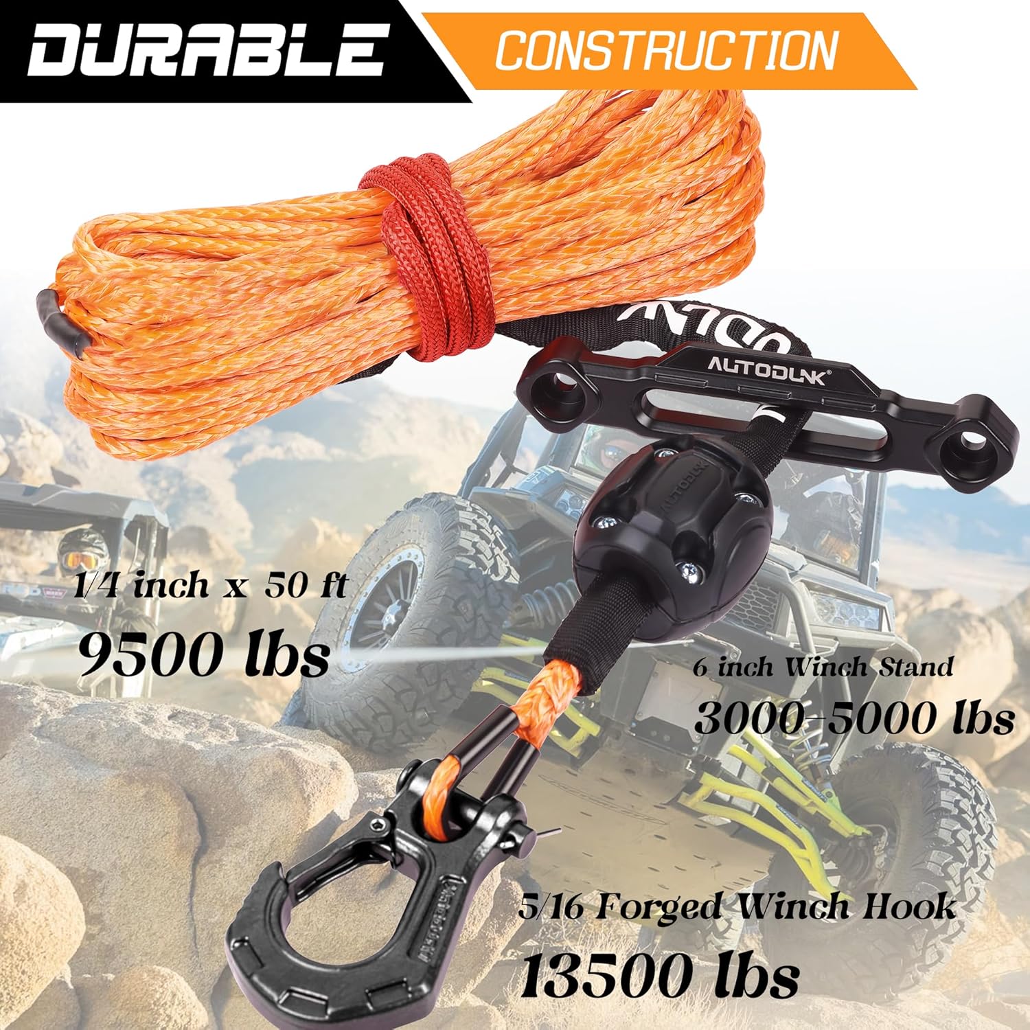 Synthetic Winch Rope-1/4 x 50ft 10,000LBS Winch Line with 6" Fairlead, Forged Winch Hook and Rubber Stopper, Protective Sleeve Synthetic Winch Cable for 4WD ATV UTV Offroad Vehicles, Orange