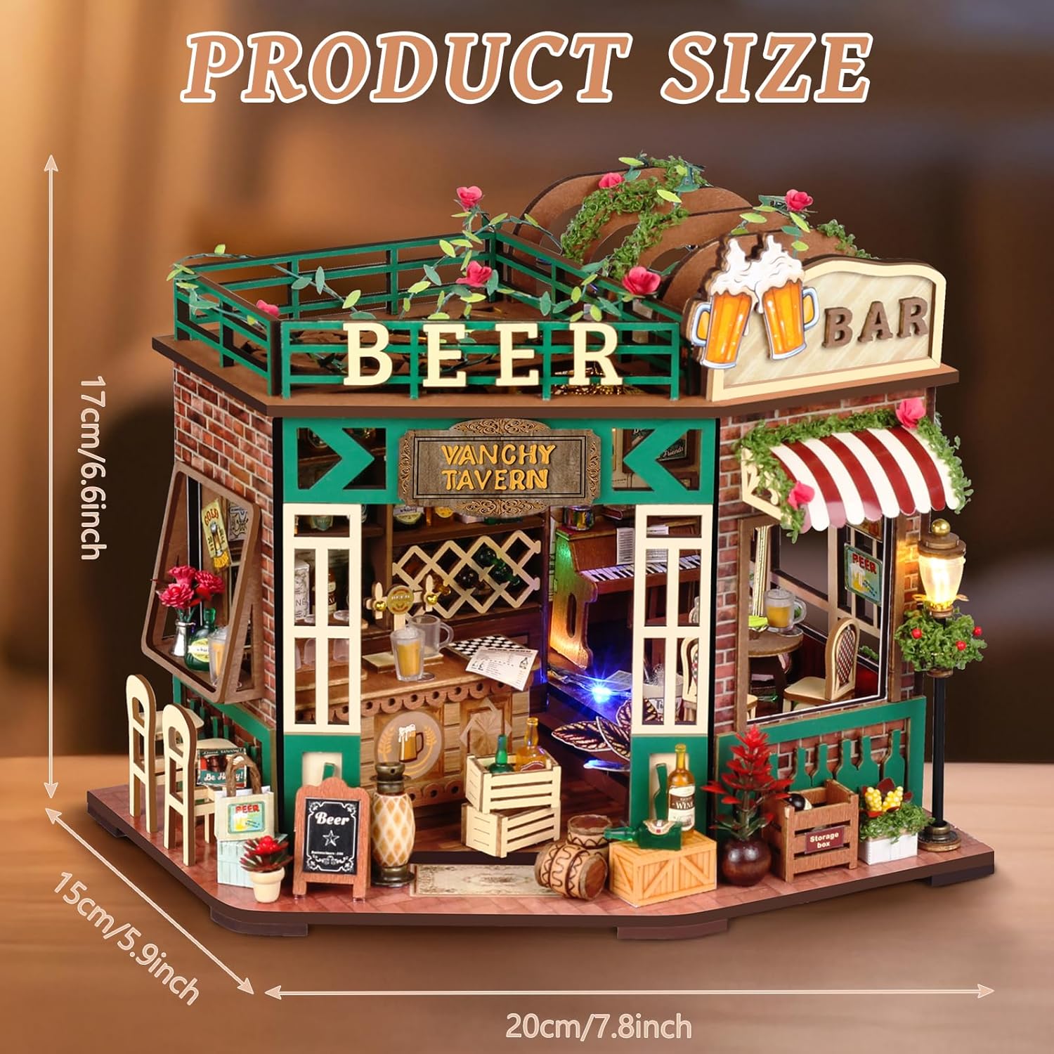 Miniature House Kit, DIY Miniature Dollhouse Kit, Mini House Building Kits with LED, Unique Gift for Birthday Christmas Day, Beer Bar