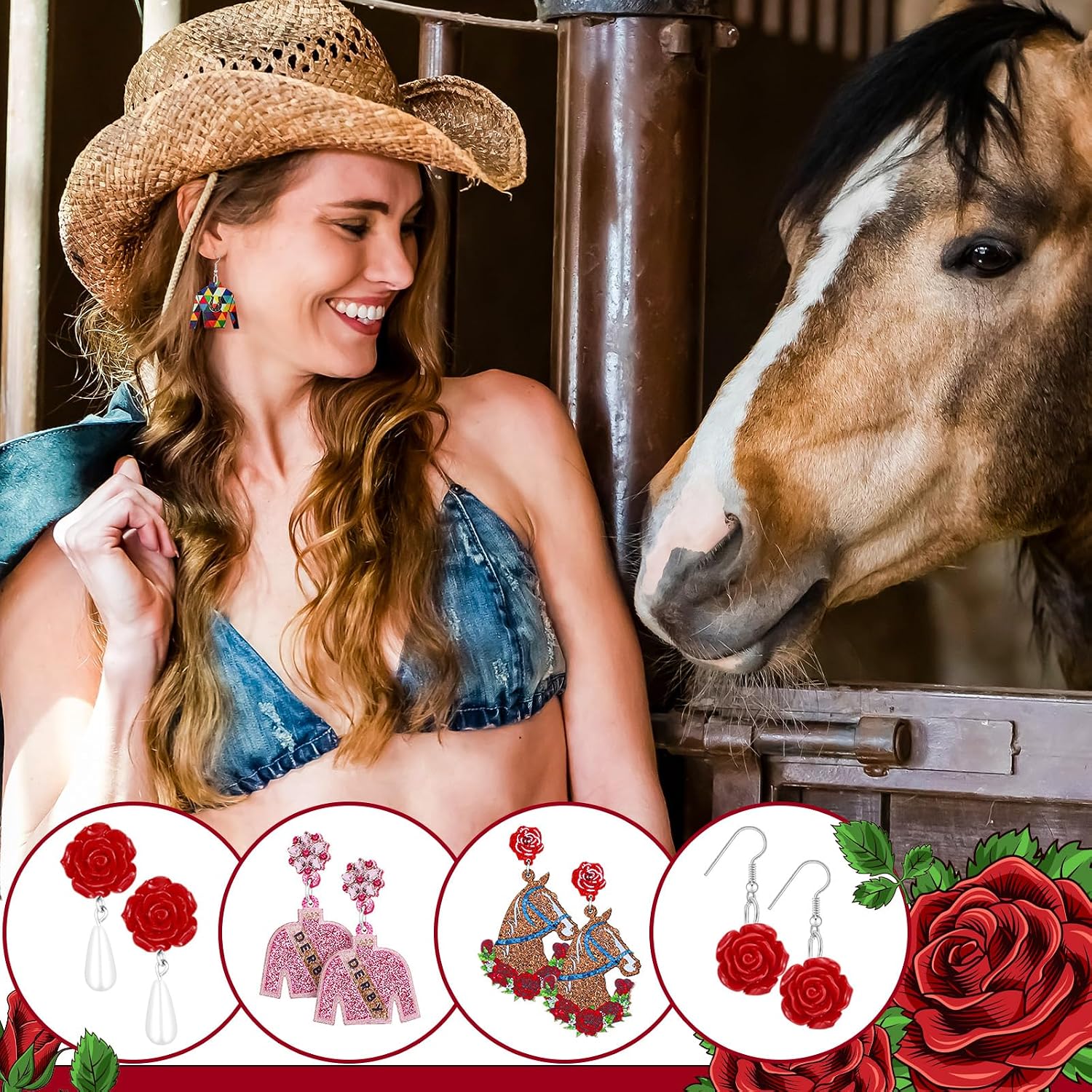 Ecation 16 Pairs Derby Race Horse Earrings Funny Riding Horse Earrings for Women Rose Horseshoe Racing Gifts Derby Jewelry image 4