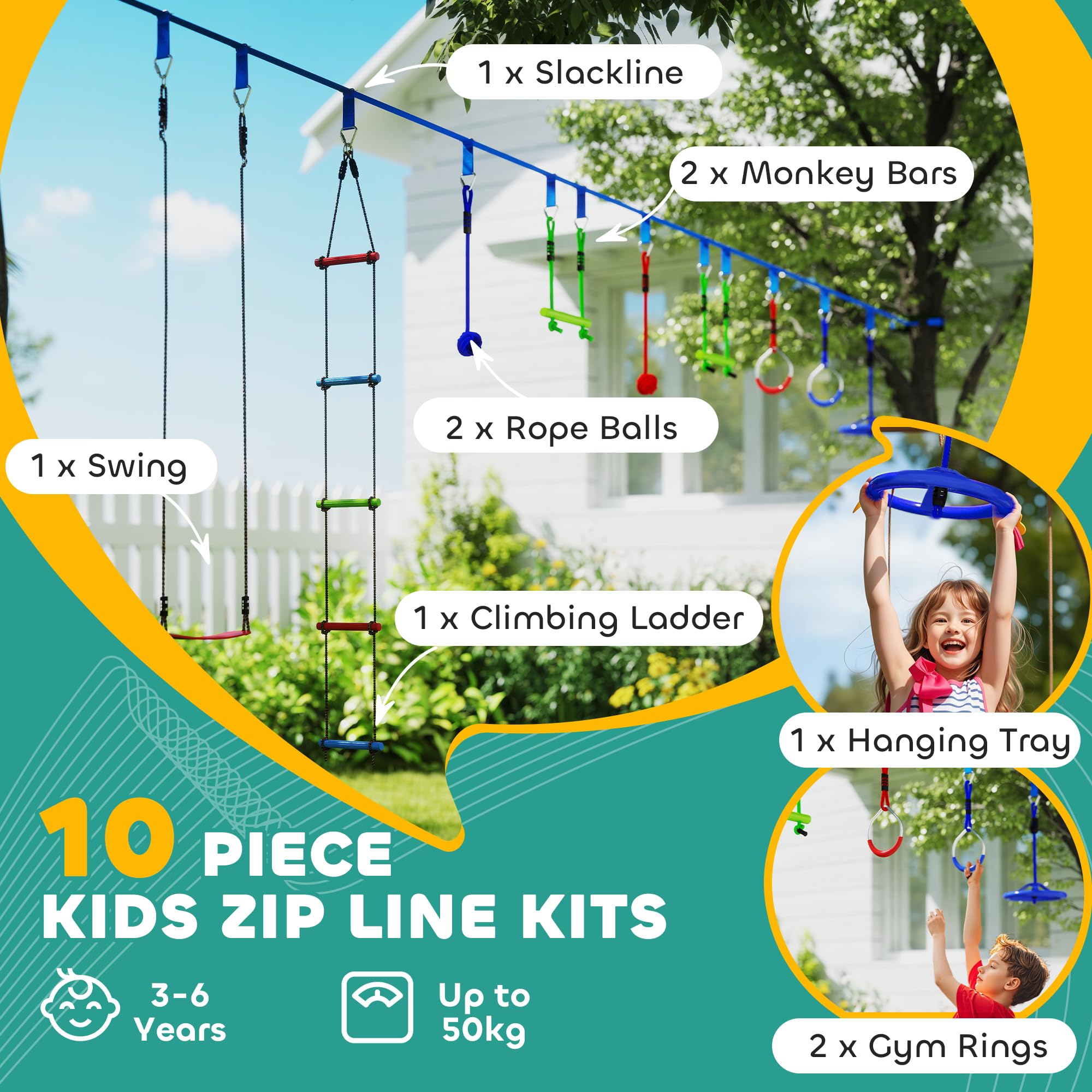 Kit Tyrolienne Enfants AIYAPLAY 10m – 10 Pièces : Barres, Balançoire, Échelle, Anneaux, Corde – Pour Jardin, 3-6 Ans, 50kg