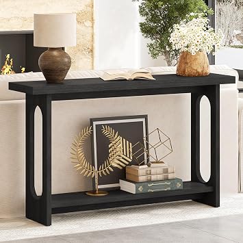 55" Black Console Table, Narrow Entryway Table, 2-Tier Open Shelves Narrow Wood Entrance Tables for Front Door Sofa Tables for Entryway, Living Room