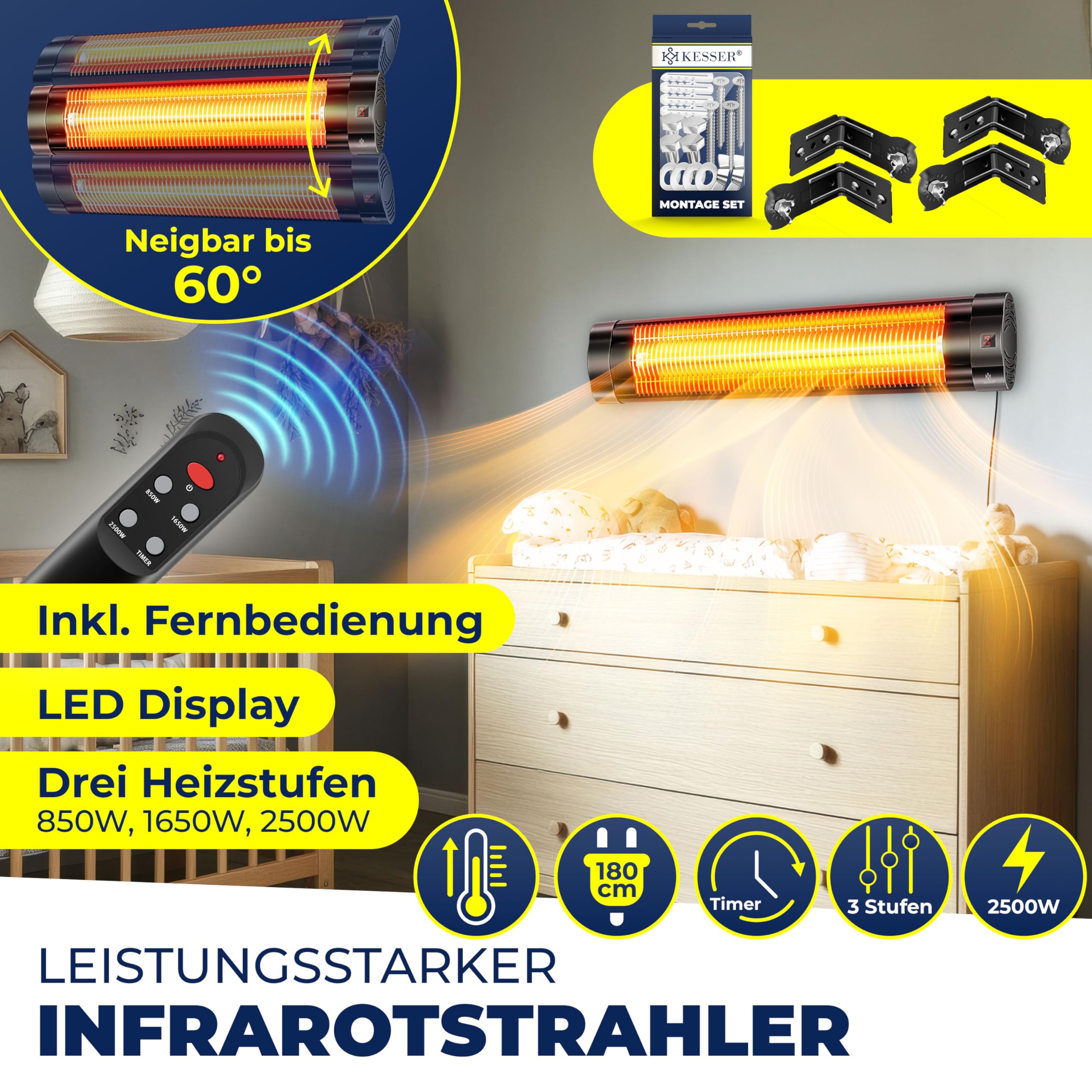 KESSER® Estufa infrarroja de 2500 W con mando a distancia, 3 niveles, calentamiento instantáneo, soporte de pared, foco de terraza, calentador de cuarzo, calentador de terraza, incluye funda