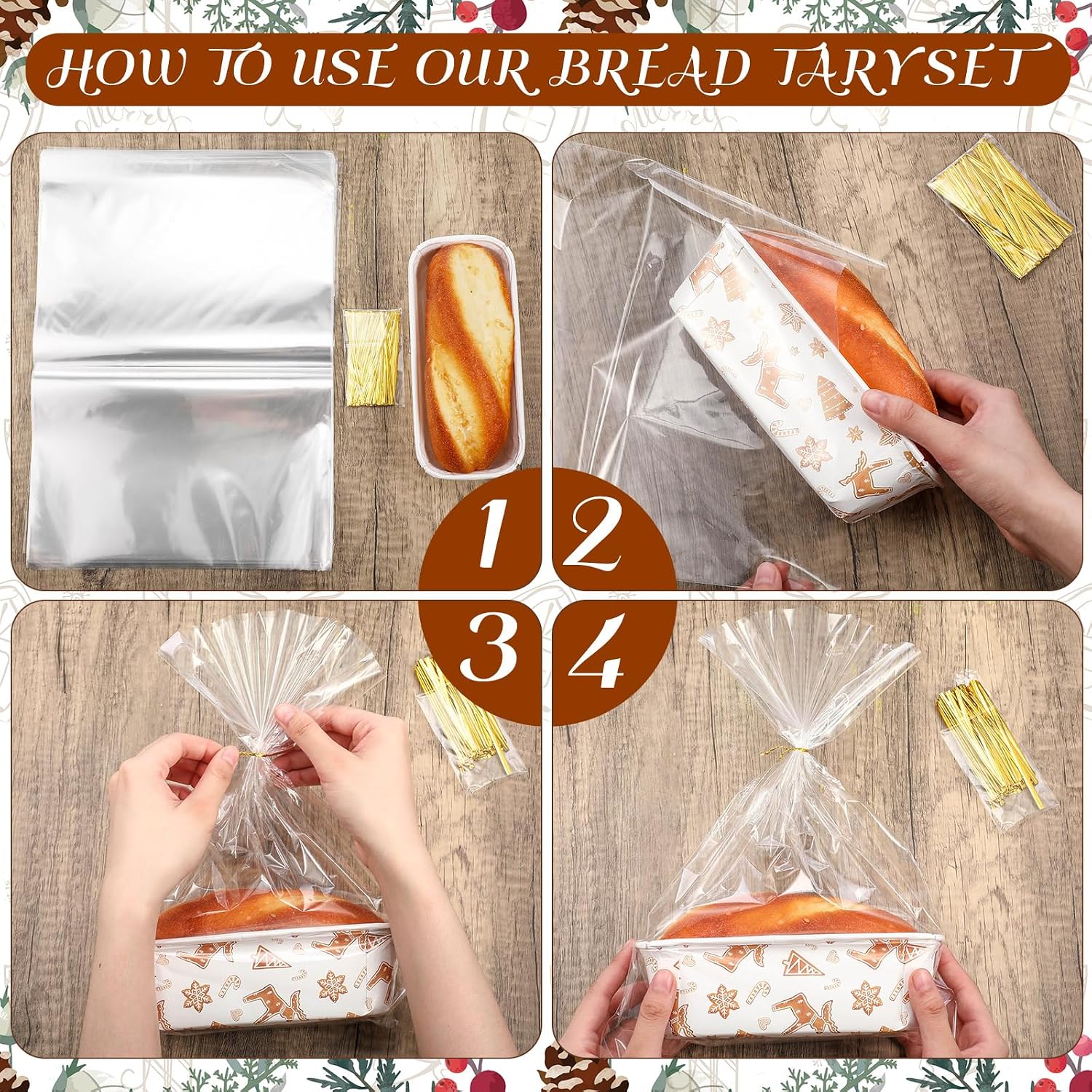 Teenyyou 50 Sets Christmas Paper Loaf Pan 6.3 x 2.2 x 2.2 Inch Mini Disposable Bread Pans with Clear Plastic Bags and Ties Rectangle Baking Mold Loaf Containers for Bread Cake Baking (Classic Style)