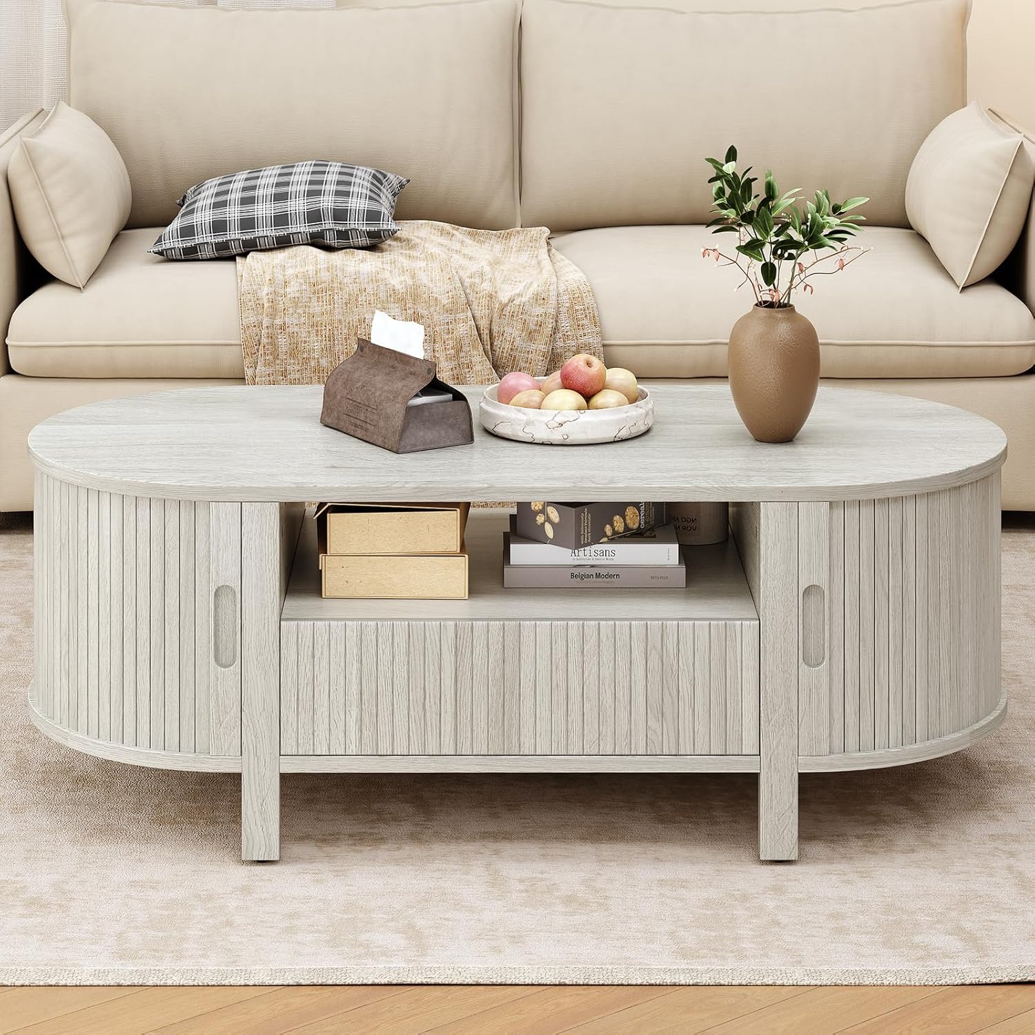 ONBRILL 47.2 Inch Oval Coffee Table with Storage, Mid Century Modern Coffee Table with Drawer, Center Table with Sliding Door and Wood Fluted Handle for Living Room, Natural White