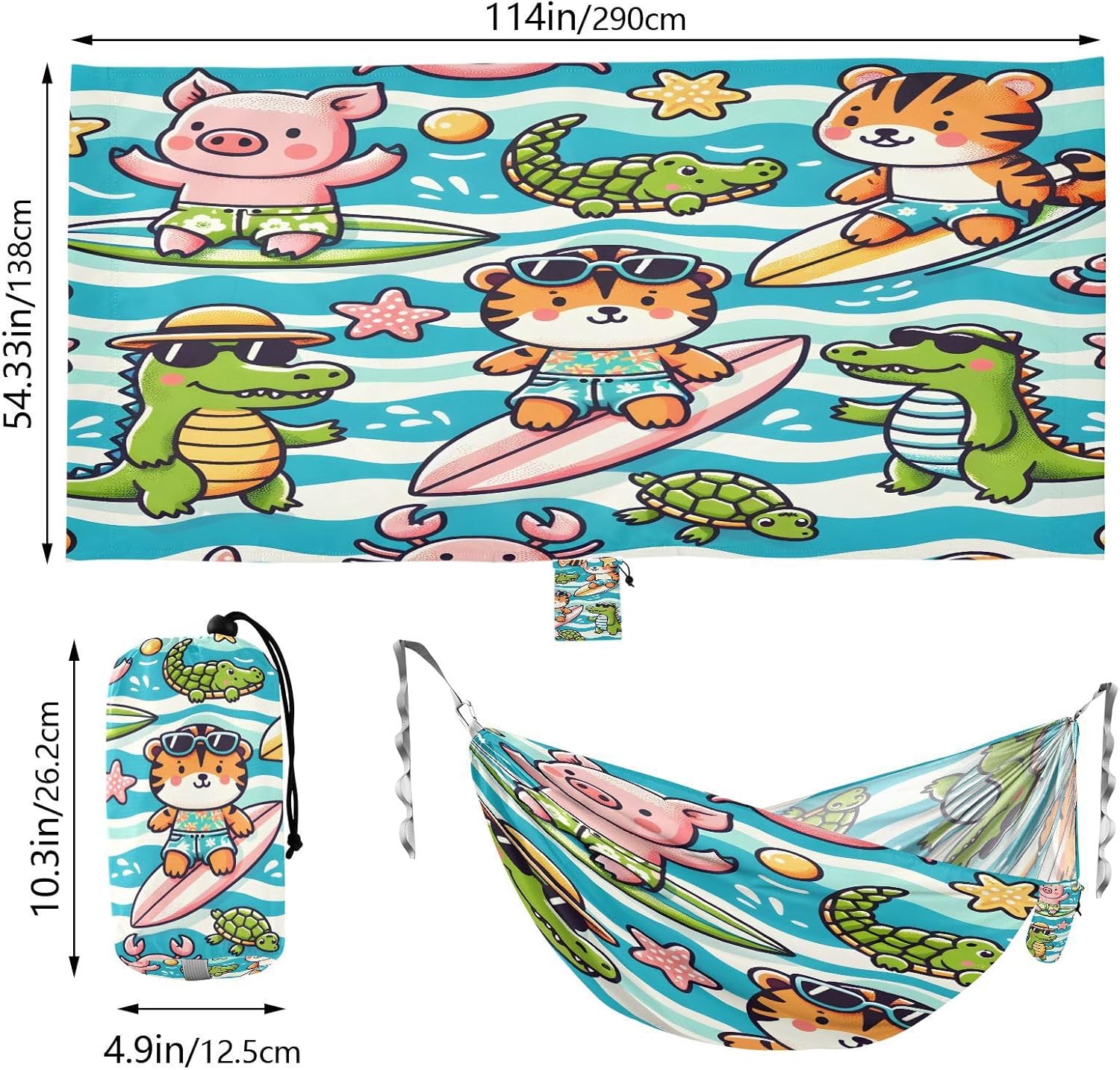 ALAZA Cute Pig Crocodile Tiger Camping Hammocks Single or 2 Person 500 lbs Portable Parachute Travel Hammock w/Tree Straps for Hiking Backpacking Indoor Outdoor