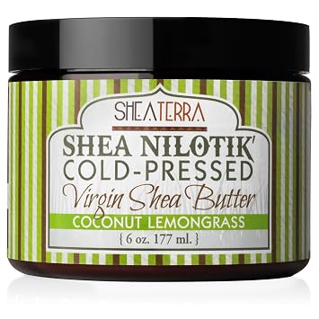 Shea Terra Organics 100% Organic Cold-Pressed Virgin Shea Butter Coconut Lemongrass | Natural Anti-Aging Daily Skin, Nails & Hair Cream to Soften Dry Skin, Reduce Wrinkles & Stretch Marks 6 oz