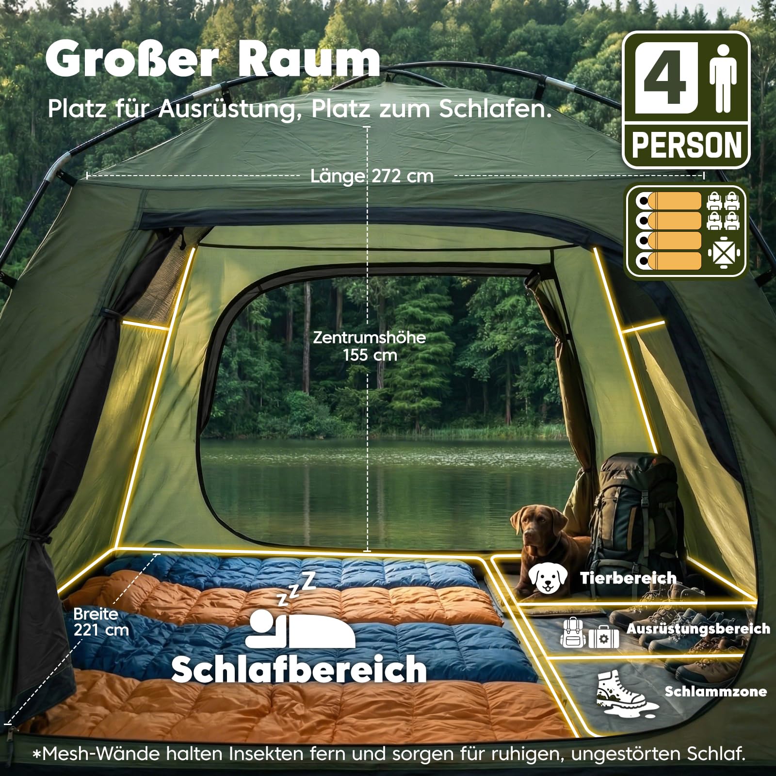 Purebox Zelt 3-4 Personen Camping Zelt mit 2 Türen & Regenabdeckung, Wasserdichtes Windstabiles Familienzelt mit Netzbelüftung