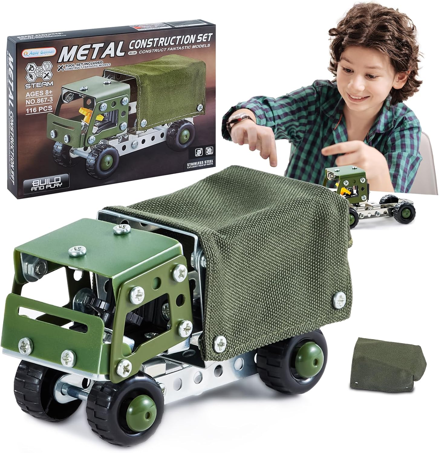 Military Truck STEM Building Toy Set for Boys Age 8-12 - Metal Army Toys Model Car Kits Set - Engineering STEM Kits or Kids 6-8, 8-10 Stem Projects Vehicles