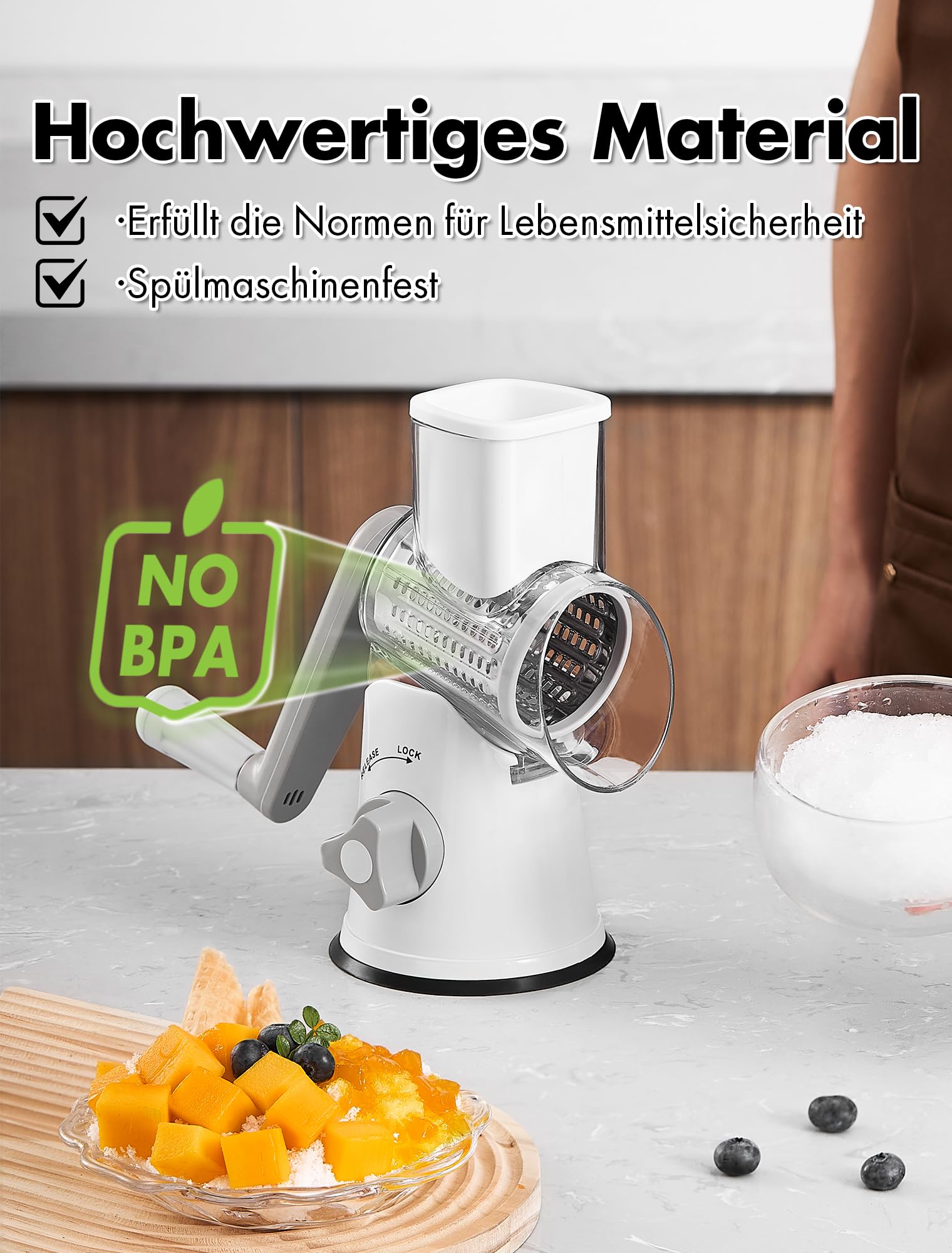 GDL Ice Crusher, Slushy Maker Maschine mit 3 Trommelmessern, Eiscrusher Manuell mit Kurbel Spülmaschinenfest und Schnellschnitt, Crushed Ice Maker Reibe für Eis, Slushy, Gurke, Karotte, Käse (Weiß)