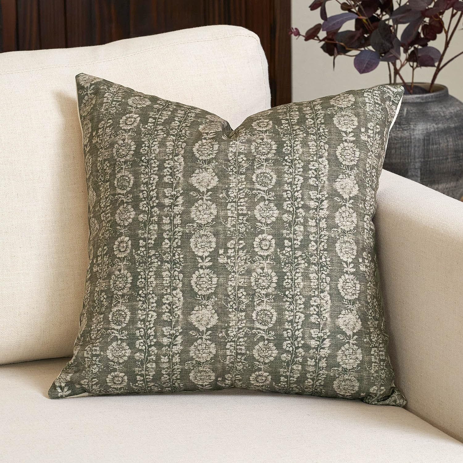Amor Virisso Vintage Floral Throw Pillow Covers 20x20 Striped Farmhouse Block Print Pillow Cover Boho Neutral Decorative Pillows for Living Room Bed, Dusty Green