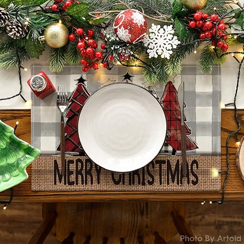 Miniatura 2 de Artoid Mode Juego de 4 manteles individuales con diseño de árboles de Navidad a cuadros, 12 x 18 pulgadas, manteles individuales de invierno para