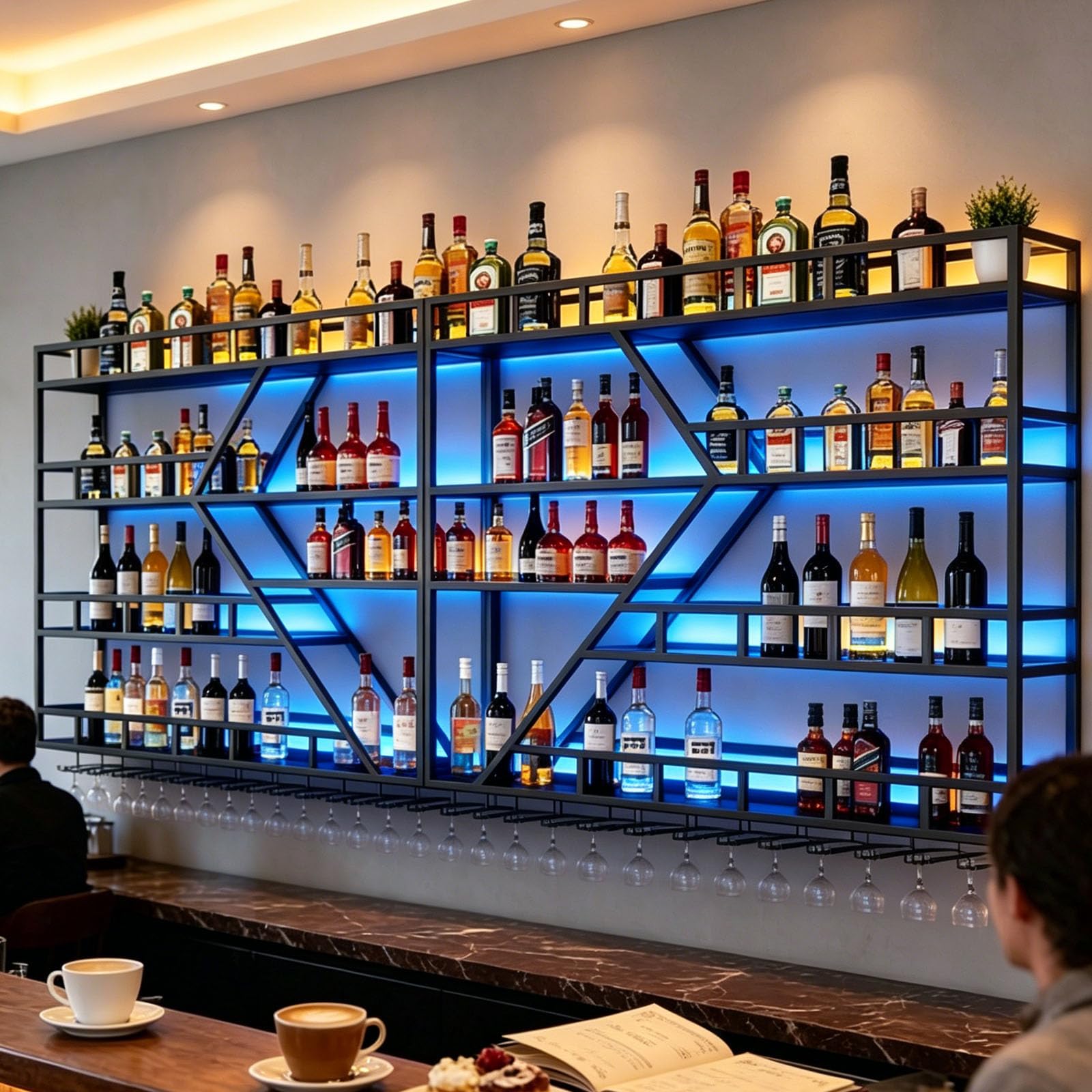 Weinregal zur Wandmontage mit Wein Glashalter, 3 Lagiger Großes Industriell Schwebende Wandmontage Weinflaschenhalter, Bar Multifunktionaler Weinpareite Display Rack (Schwarz, 4 Tier,200cm)