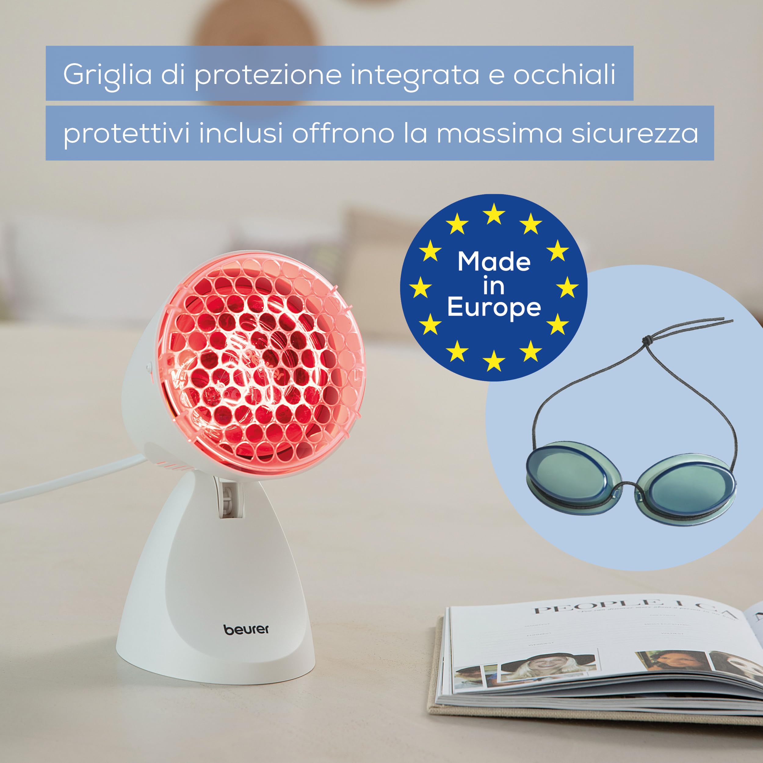 Beurer IL 11 Lampada a Infrarossi 100W – Terapia del Calore per Raffreddore, Dolori Muscolari e skincare – 5 Inclinazioni, Griglia di Protezione, Occhiali di Sicurezza Inclusi – Dispositivo Medico