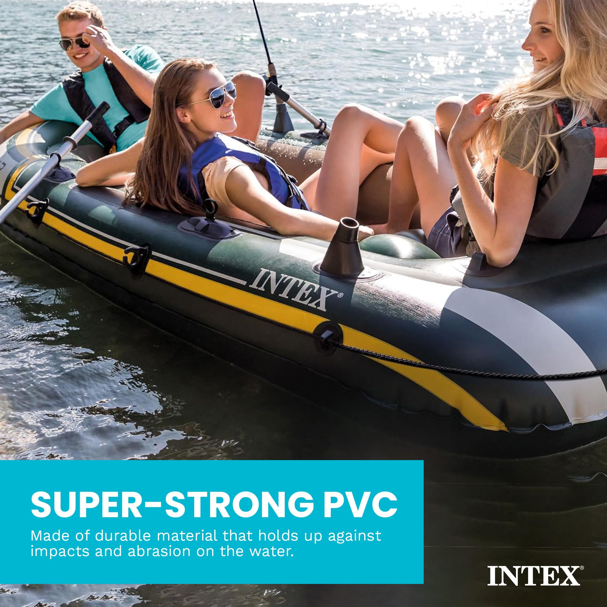 INTEX Serie di barche gonfiabili Seahawk: include remi in alluminio deluxe e pompa ad alto rendimento, PVC super resistente, supporti per canna da pesca, maniglie resistenti, custodia per attrezzi