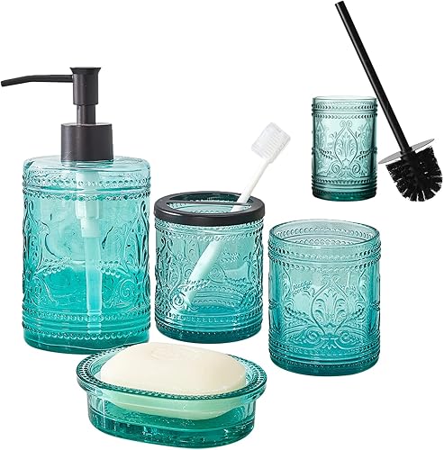 Juego de 5 accesorios de baño de vidrio azul verdoso, escobilla de inodoro y soporte con patrón decorativo prensado, incluye dispensador de jabón de