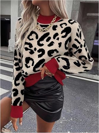 BEAUDRM Women's Y2k Leopard Sweaters Cheetah Long Sleeve Mock Neck Pullover Knit Tops Knitwear