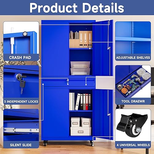 Miniatura 4 de Armario de almacenamiento de metal con ruedas, gabinete de almacenamiento con cerradura de 73 pulgadas con 2 estantes ajustables y 1 cajón para
