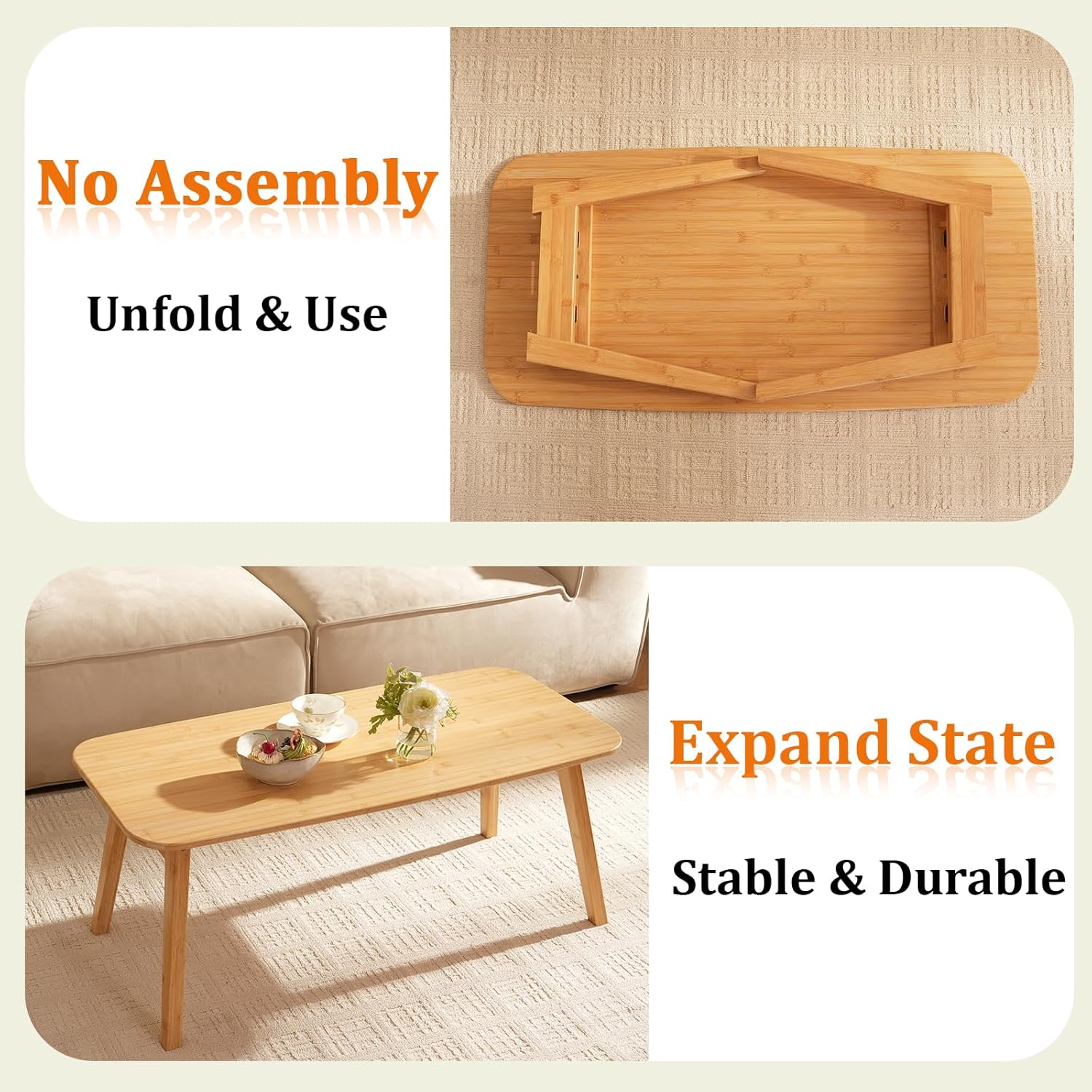 Coffee Table Foldable Mid Century Desk TV Stand with Open Storage Shelf Center Table for Living Room Furniture RV No Assembly, Natural (39.37IN)