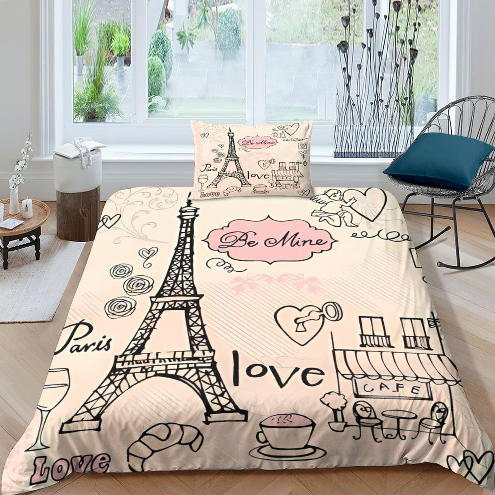 Parure de lit Tour Eiffel 3D housse de couette 135x200cm dessin main lit simple microfibre