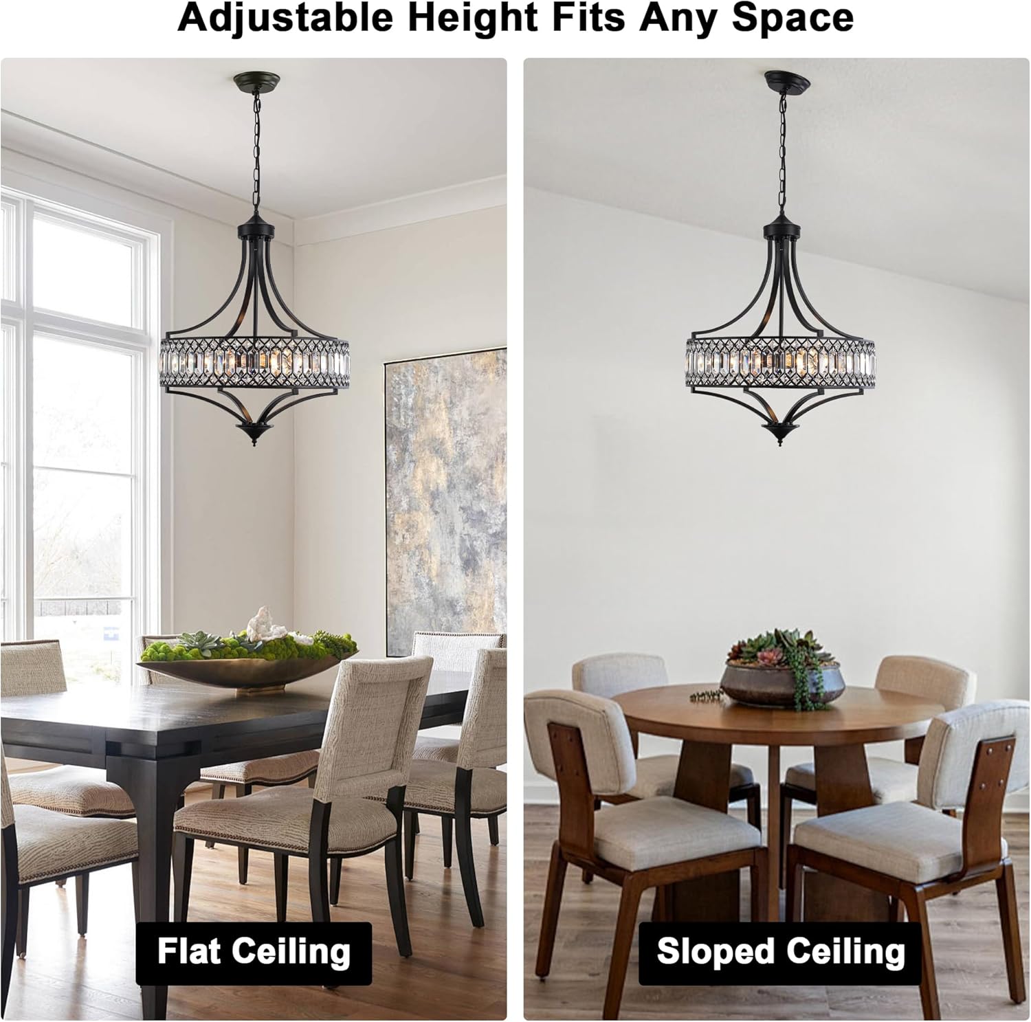 20" Black Crystal Chandeliers for Dining Room, 5-Light Modern Farmhouse Round Crystal Chandelier Light Fixture, Adjustable Height Hanging Pendant Lights Living Room Bedroom Kitchen Island Entryway