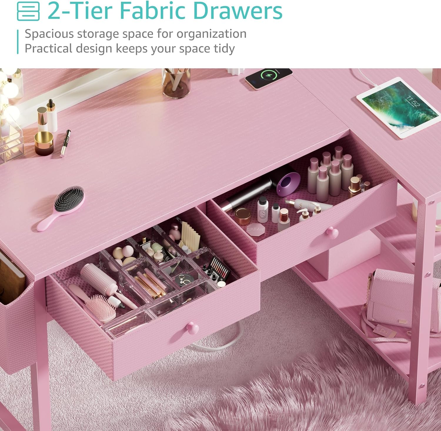DLisiting Pink Reversible L Shaped Desk with Drawers and Shelves, Small Kids Study Vanity PC Computer Desk with Storage for Girls, Corner L-Shaped Desks for Small Space Bedroom