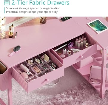 DLisiting Pink L Shaped Desk with Drawers and Shelves