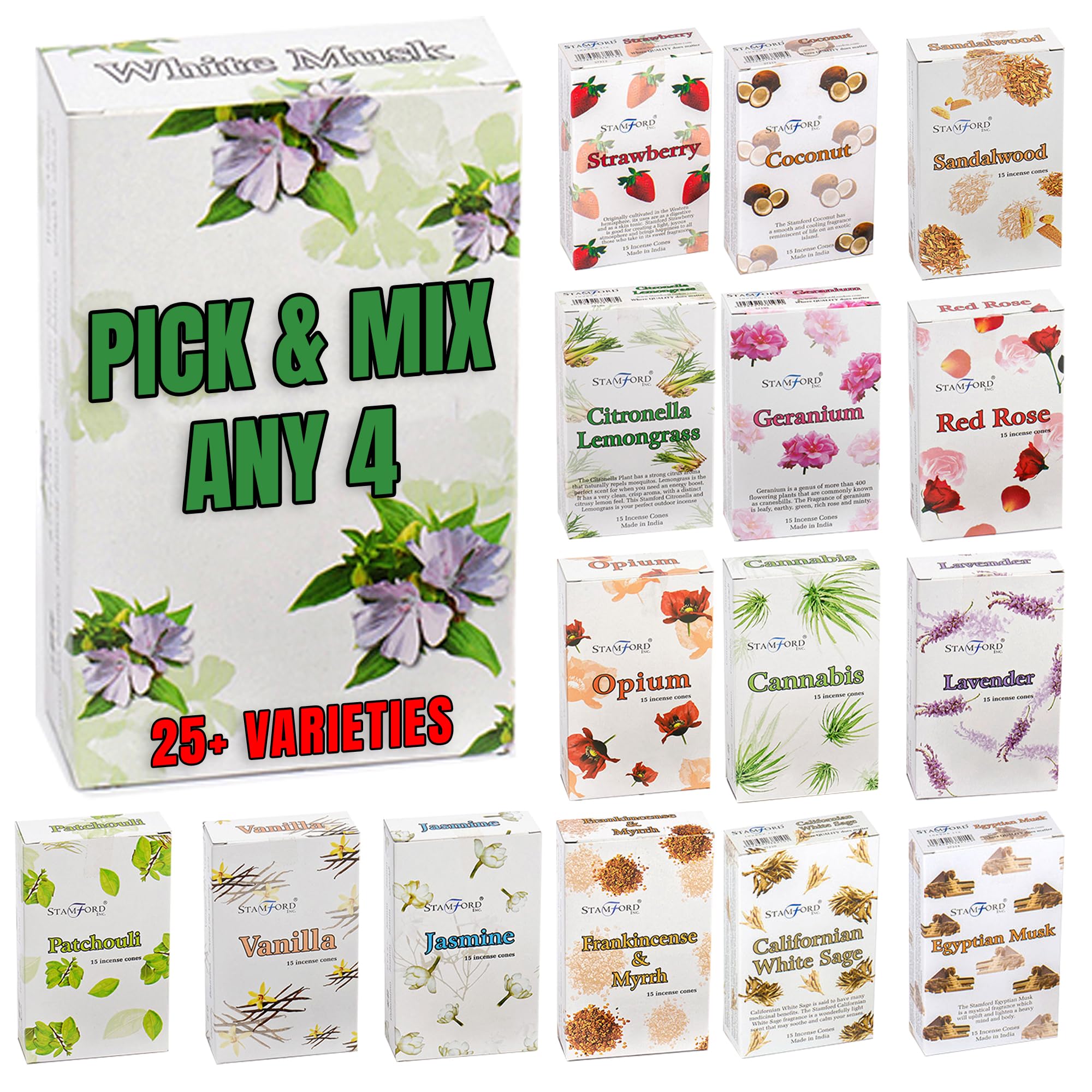 Stamford Incense Cones – Pick & Mix Any 4 | Home Fragrance Aromatherapy Perfume Cones | Long Lasting Burn | Huge Scent Range (4)
