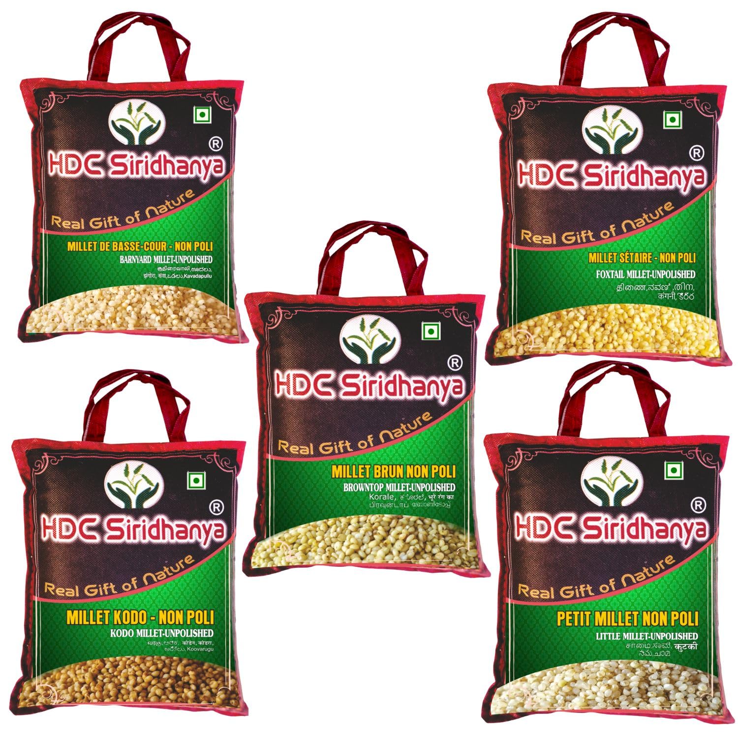 HDC Siridhanya Siridhanya Unpolished&Organic 5 Types Positive Millets Rice (Little,Kodo,Browntop,Barnyard & Foxtail) Each Millets Vacuum Packed In Bag Gross Wt. (2500 Grams)