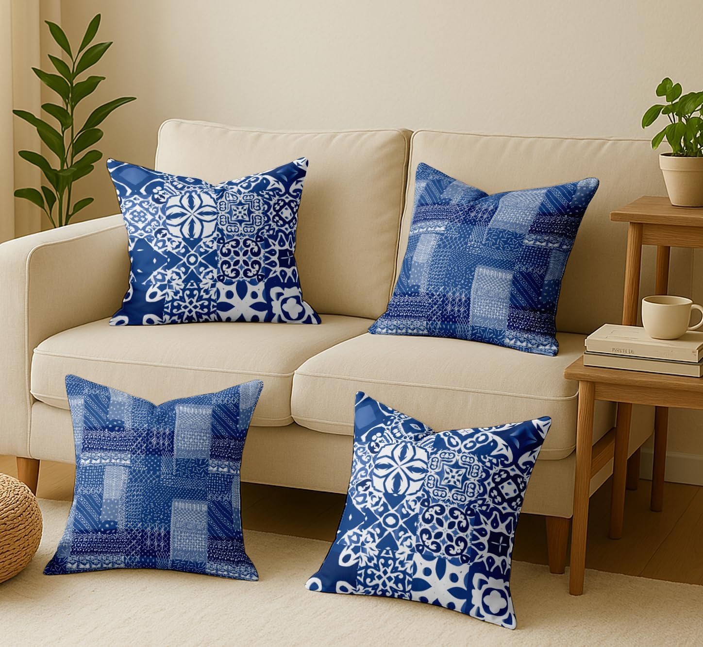 Set of 4 16x16 Inch Pillow Covers - 100% Cotton, Decorative Patchwork Print, Double-Sided Print with Concealed Zipper - Filler Not Included - Blue