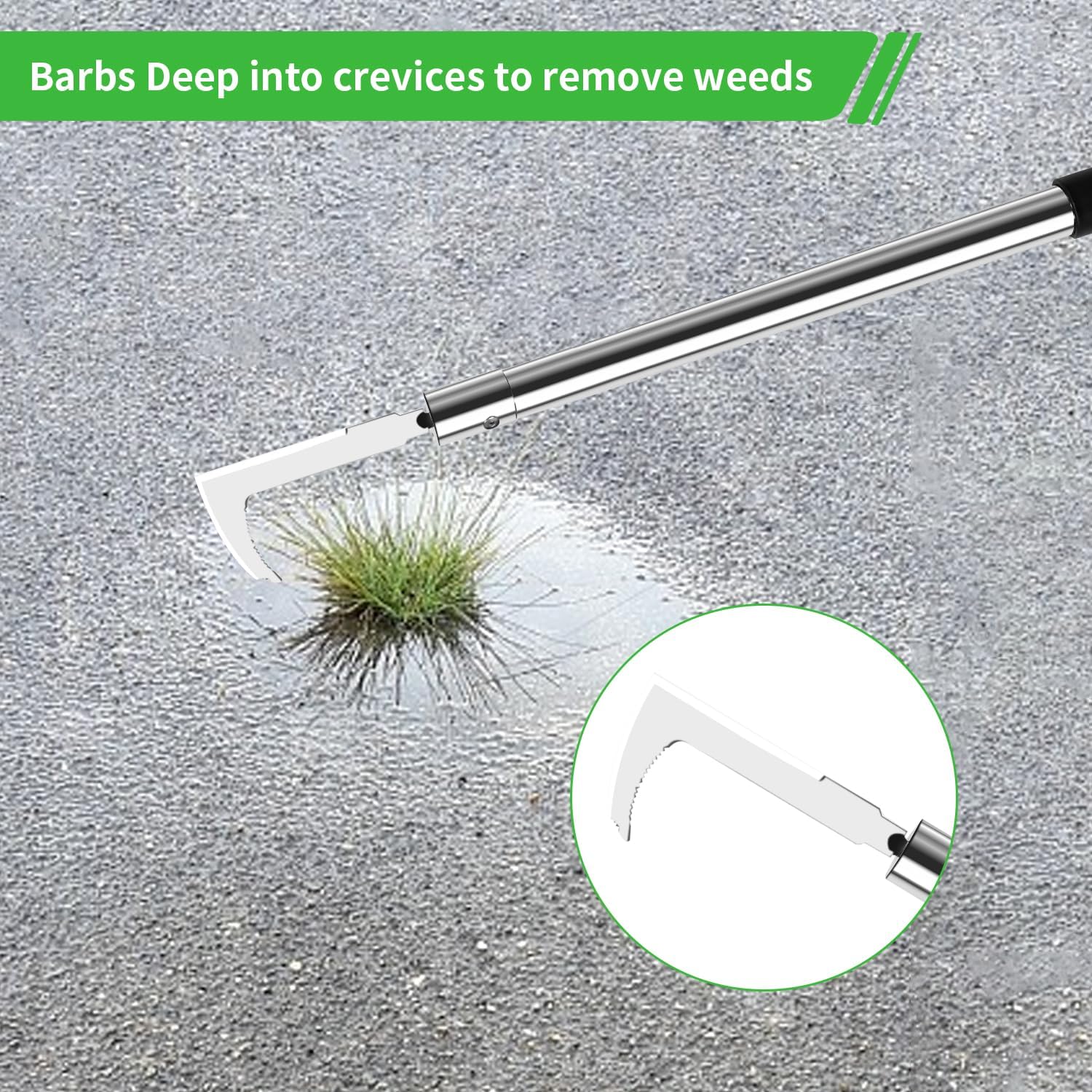 3-in-1 Multi-Function weed puller tool set: Crack Weeder, Moss Scraper Brush & Hoe Head, Interchangeable Heads with Adjustable Long Handle, Manual Weed Remover for Driveways, Patios & Garden Cracks