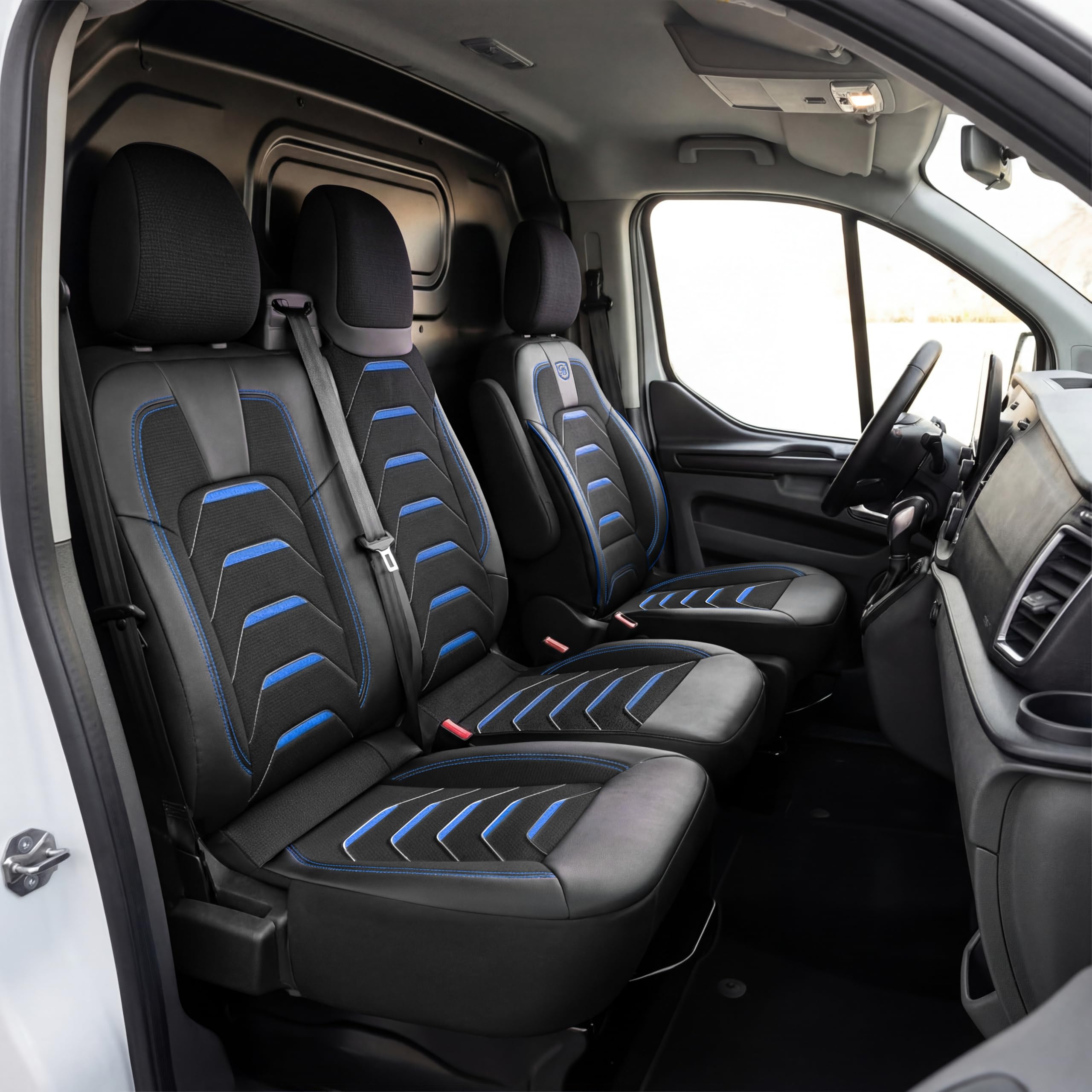 Housse de siège de voiture universelle 2+1 pour Renault Trafic 3 (2015-2024), OPEL Vivaro B (2014-2018) – Housse de siège avant en lin, noir-bleu, ensemble de sièges avant pour