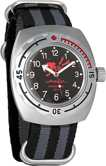 Vostok Amphibian Automatic Mens Watch Military Diver Amphibian Case Wrist Watch #090657 Scuba Dude Black Dial Black+Grey