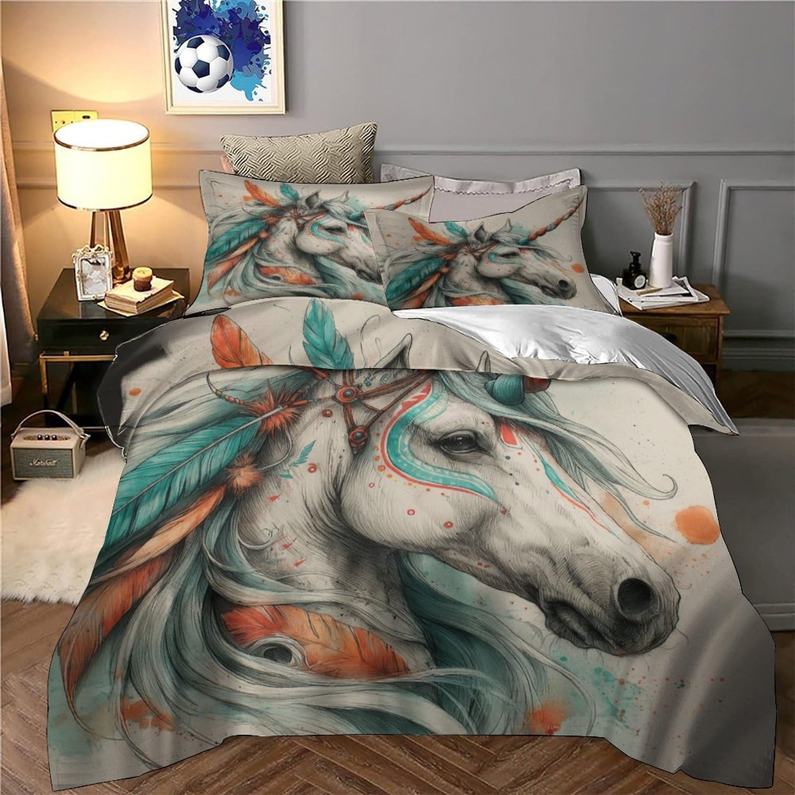 Set Biancheria da Letto Unicorno Fantasia Stampa 3D Copripiumino Microfibra Decorazione Camera Unicorno Morbido Traspirante Idea Regalo Super king（260x220cm）