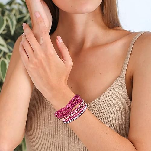 Miniatura 5 de Tiantian - Joyería bohemia de moda, pulseras apilables multicapa con diseño de envoltura de cuero de diamantes de imitación de cristal para mujer