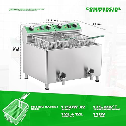 Miniatura 6 de Freidora comercial de 25.3 cuartos de galón 24 litros con filtración de aceite y temporizador, freidora eléctrica con 2 cestas y tapas, freidora de